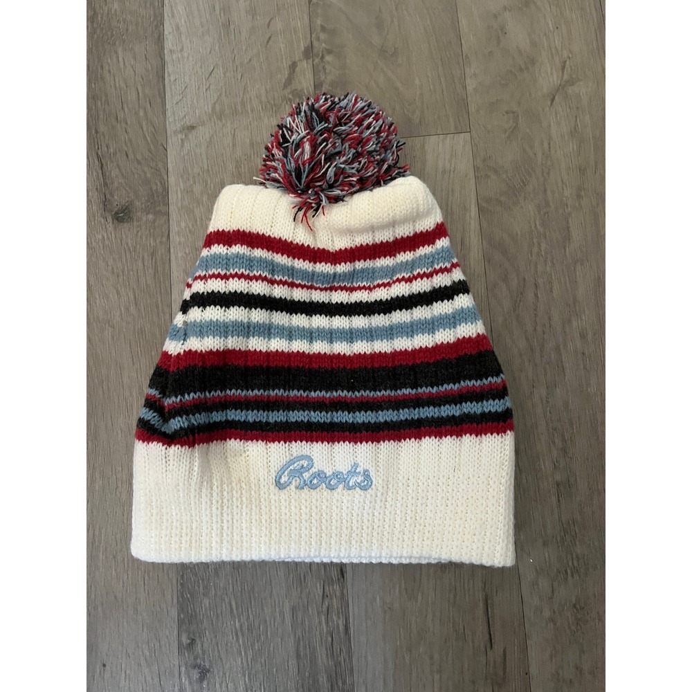 Vintage Roots Striped Pom Pom Beanie Toque Cream Red Blue Knit Hat Made Canada